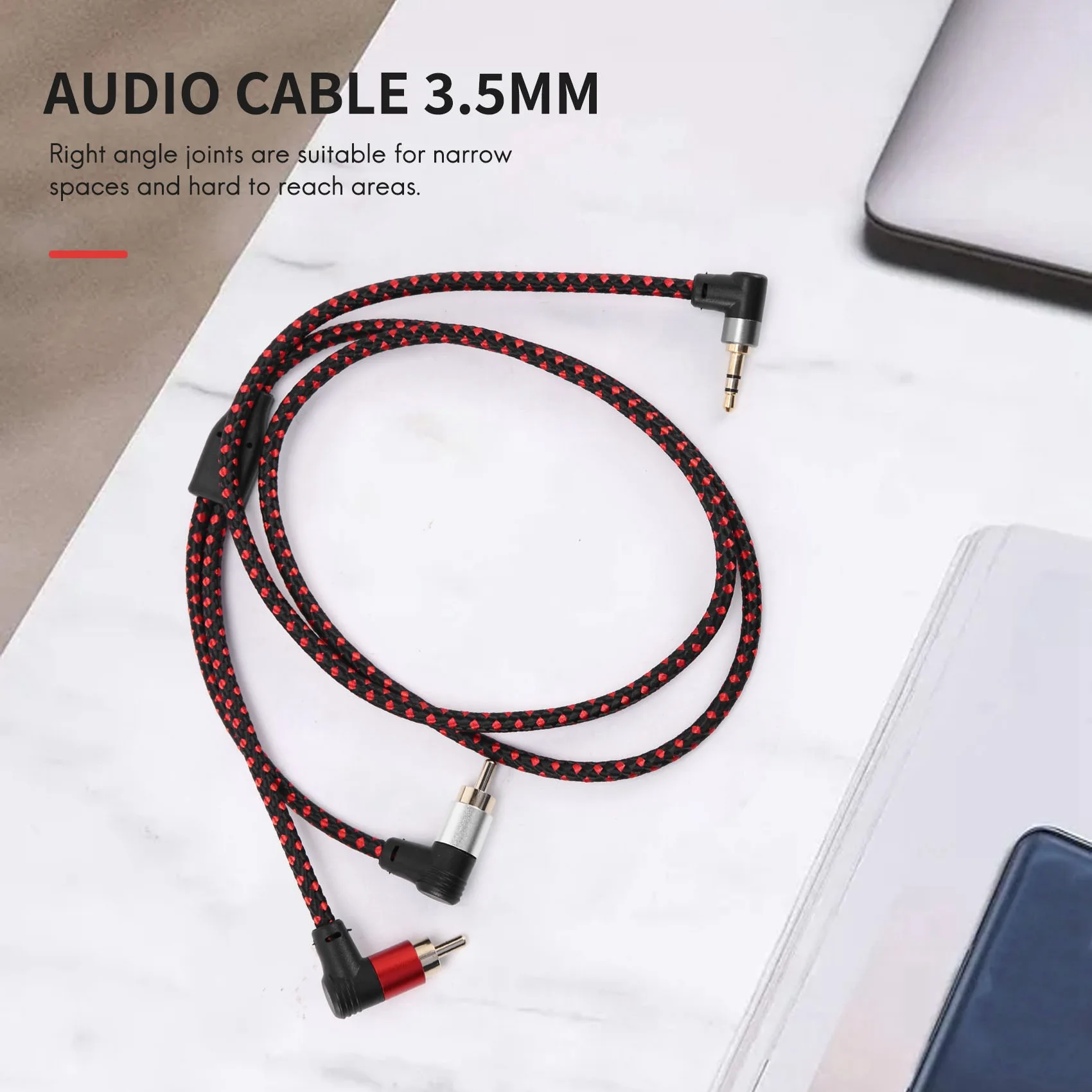 90 Degree 3.5mm Male to 2 RCA Male Cable Right Angle Stereo AUX Y Splitter Cord Microphone Jack Plug for Laptop 1M