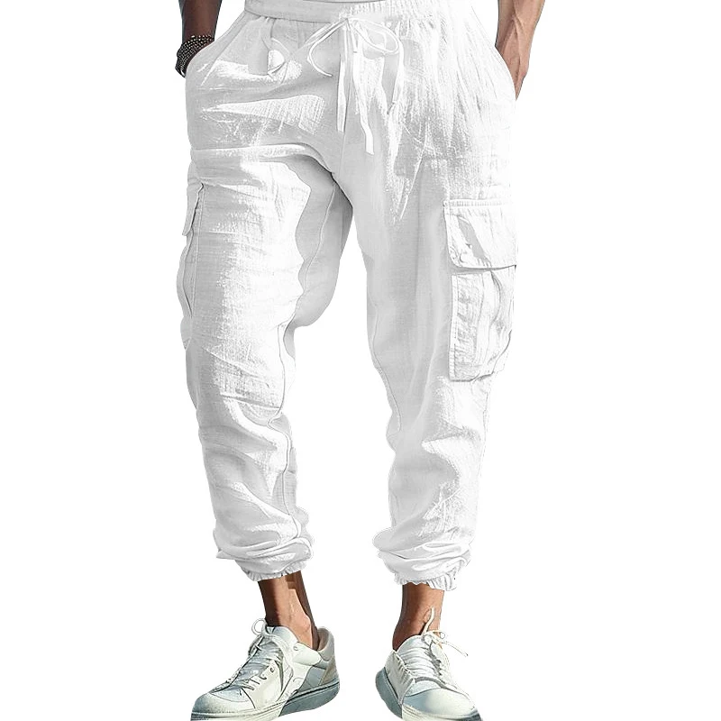 Amazon European American Autumn Solid Cotton Linen Jogger Pants, Men Multi-Pocket Drawstring Plus Size Loose Casual Trousers