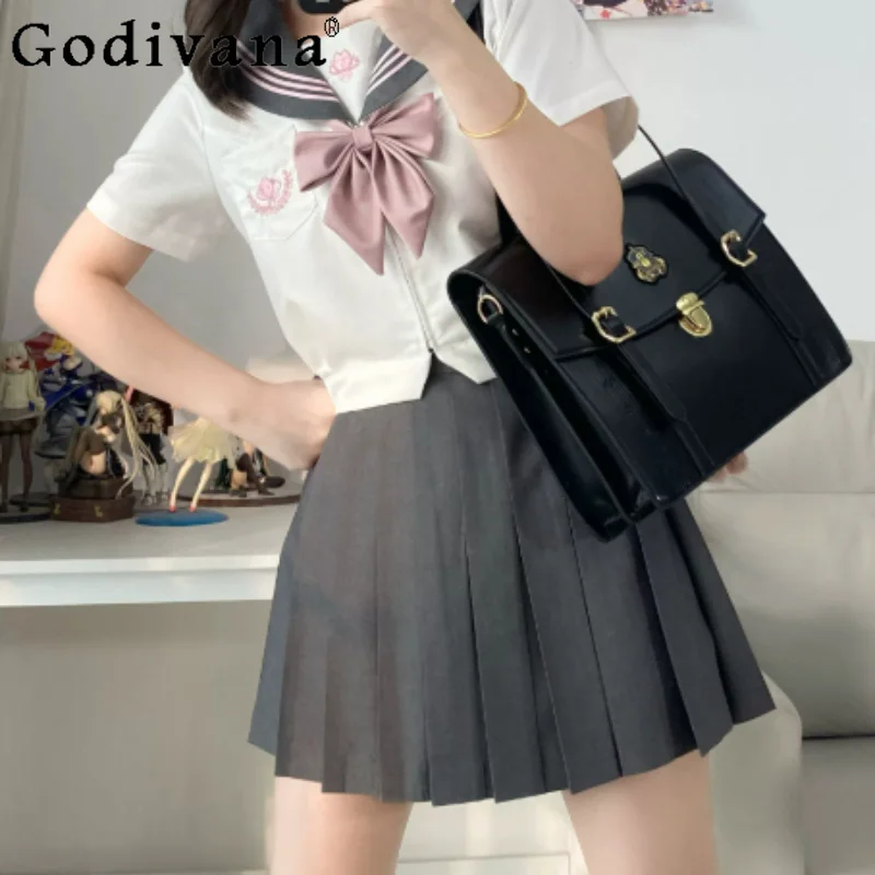 Cute Japanese Jk Short Sleeve Navy Collar Shirt Fashion High Waist A-line Age-reducing College Pleated Skirt Sweet Sailor Sets