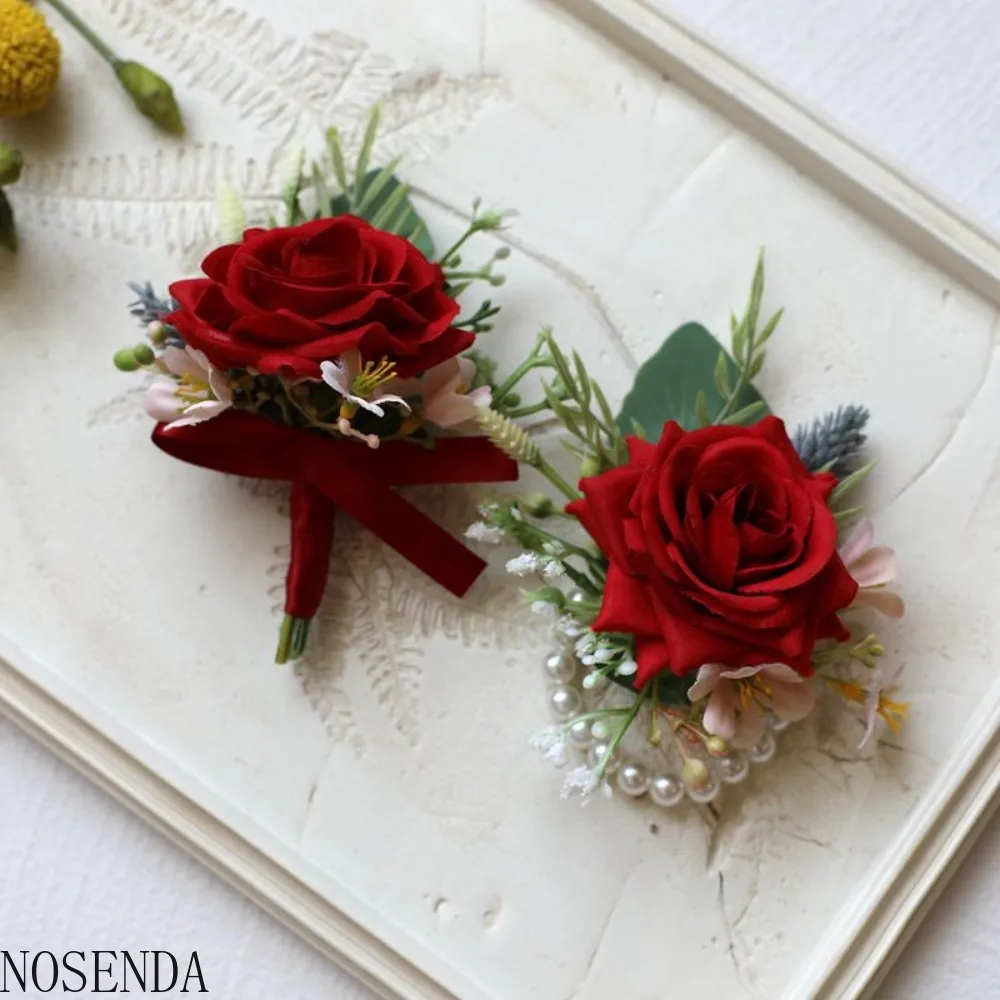 

Red Rose Wrist Corsage Wristlet Band Bracelet and Men Boutonniere Set for Wedding Flower Accessories Prom for Groom