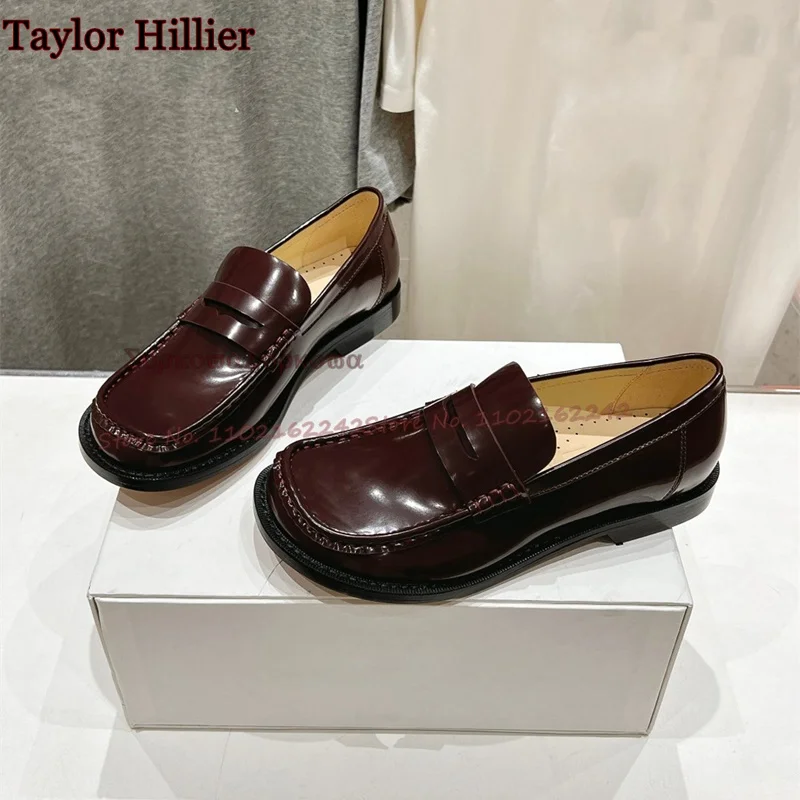 Luxury Designer Mary Jane Loafers Burgundy Square Toe Flats Genuine Leather Runway Shoes Stylish And Comfortable Slip-On Pumps