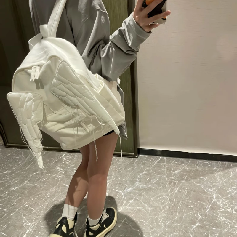 Y2k نمط الجناح على ظهره للنساء اليابانية لطيف الملاك حقيبة قماش قنب الإبداعية شرابة بلون طالب حقيبة كتف سعة كبيرة #3