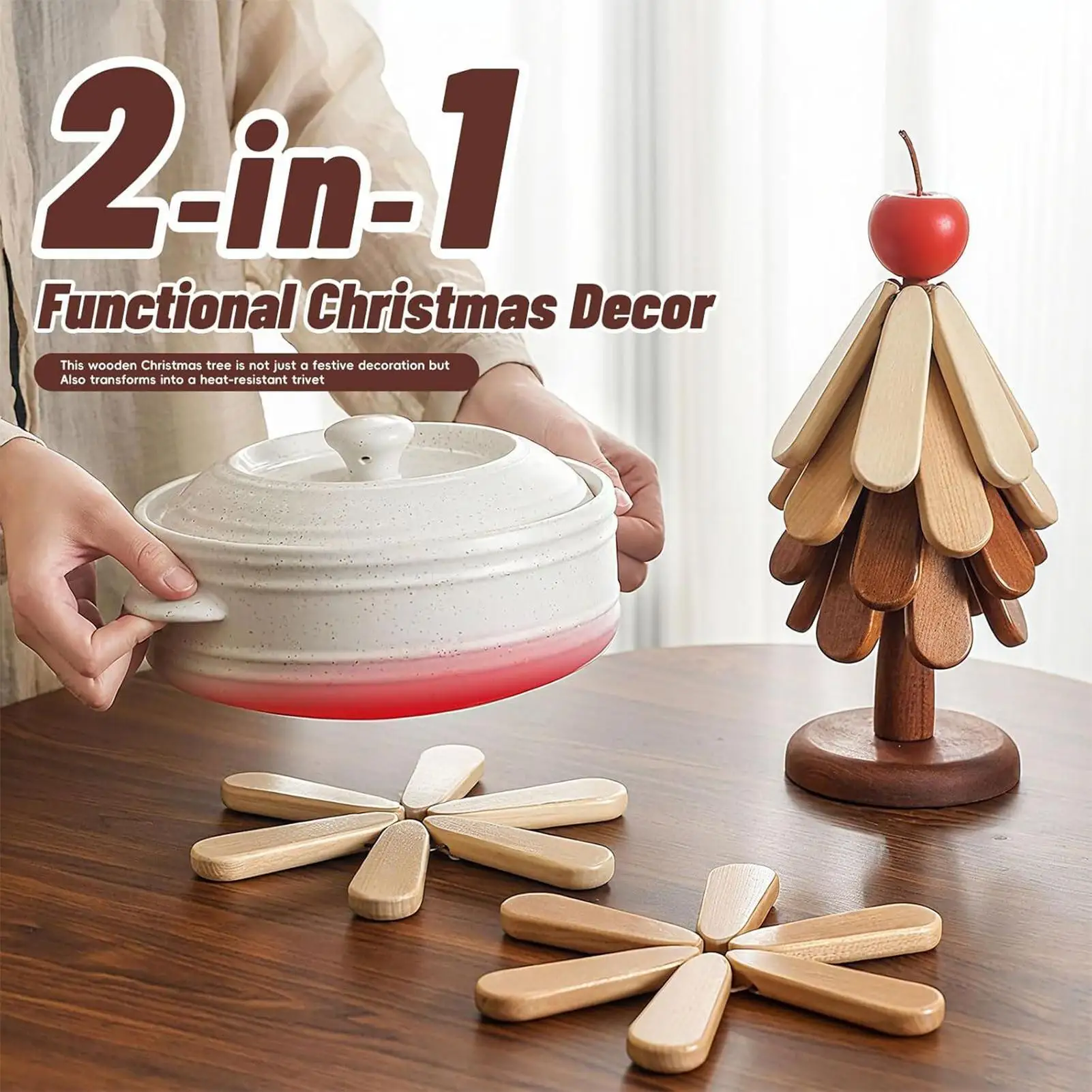 Christmas Tree-shaped Coasters Wooden 4 Foldable Heat-insulating Mats And 1 Stand Xmas Party Decorations Non-Slip Pot Holder