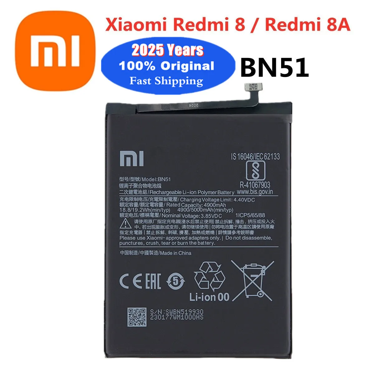 2025 Years Xiao mi Hongmi BN51 Orginal Battery For Xiaomi Redmi 8 8A Redmi8 Redmi8A Replacement Rechargable Battery Batteries