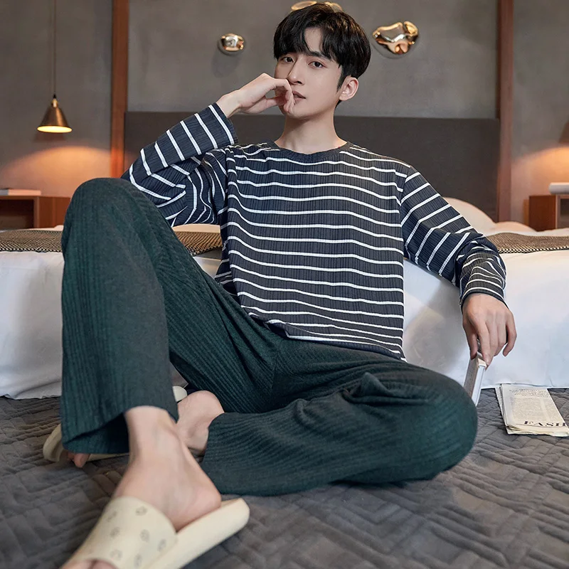 Men Dark Gray Stripe Home Wear Lounge Clothes Long Sleeve Long Pants Pajamas Sets Full Pure Cotton Sleepwear Homewear Housewear