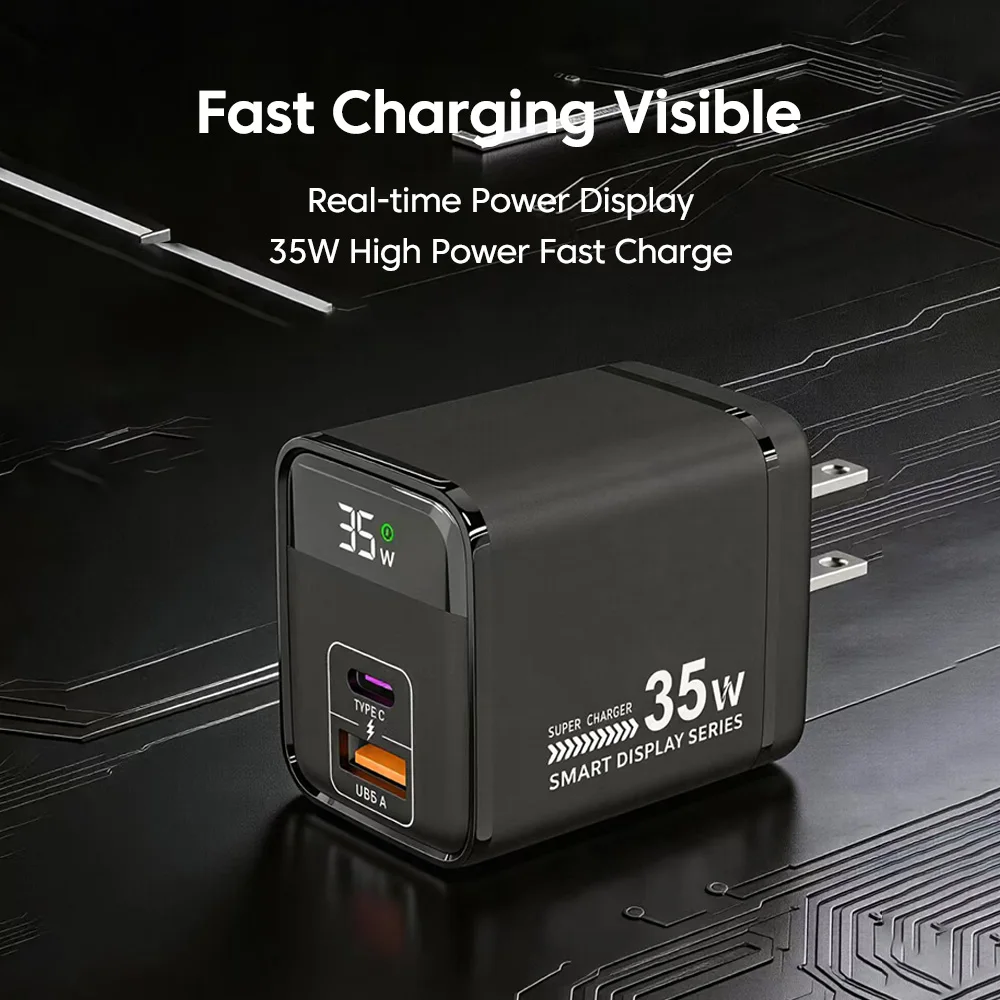 

35W Type-C USB Fast Charging Wall Charger With Digital Display For iPhone Xiaomi Huawei US EU UK Plug Quick Charge Power Adapter