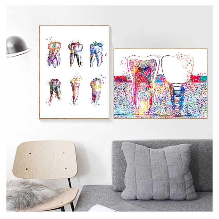 Leinwanddruck Zahnarzt Wandkunst Gemälde Medizin Hygieniker Poster Zahn Aquarell Klinik Dekor Dental-Kunstbild Zahnimplantat