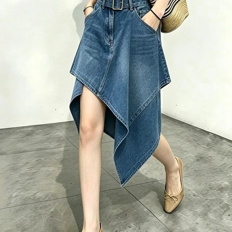 2026 New Women Irregular Asymmetrical Denim Midi Skirt With Belt Vintage Washed Hanky Hem High Waist Jean Skirt For Ladies