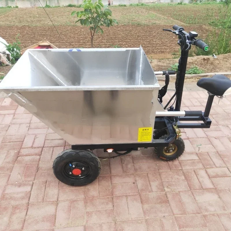 GY Electric Stainless Steel Breeding Manure Pulling Tricycle Upside down Donkey Pulling Feed Electric Trolley Gray Hopper