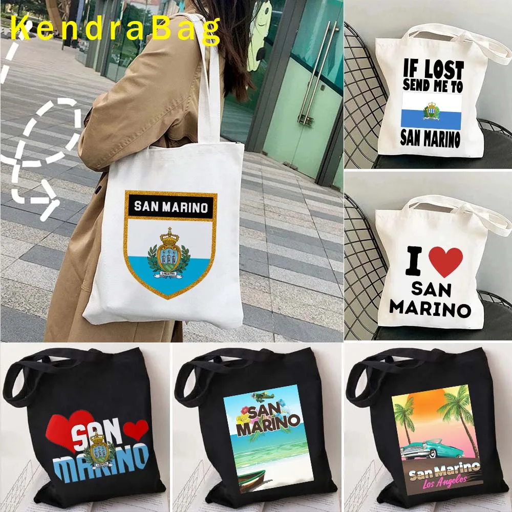 Europe San Marino Map Shield Flag Love Heart Summer Beach Travel City Shopper Harajuku Canvas Tote Bag Cotton Eco Shopping Handb