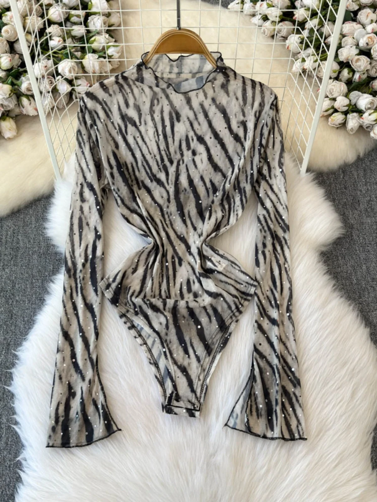 

Fall Winter Pure Desire Hong Kong Sle Design Heavy Du Sequin Long Sve Slim Fit Netting Leopard Print Jumpsuit High Wai...