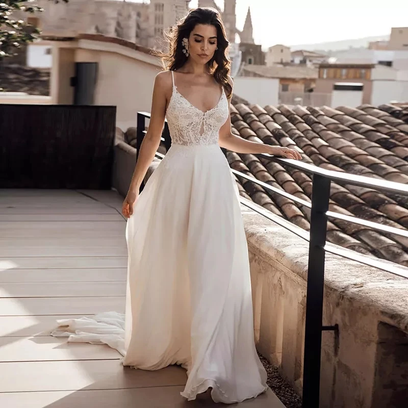 Spagetti kayışı kolsuz düğün elbisesi bohem şifon açık arka gelin kıyafeti dantel bornoz De Mariée Vestido De Noiva