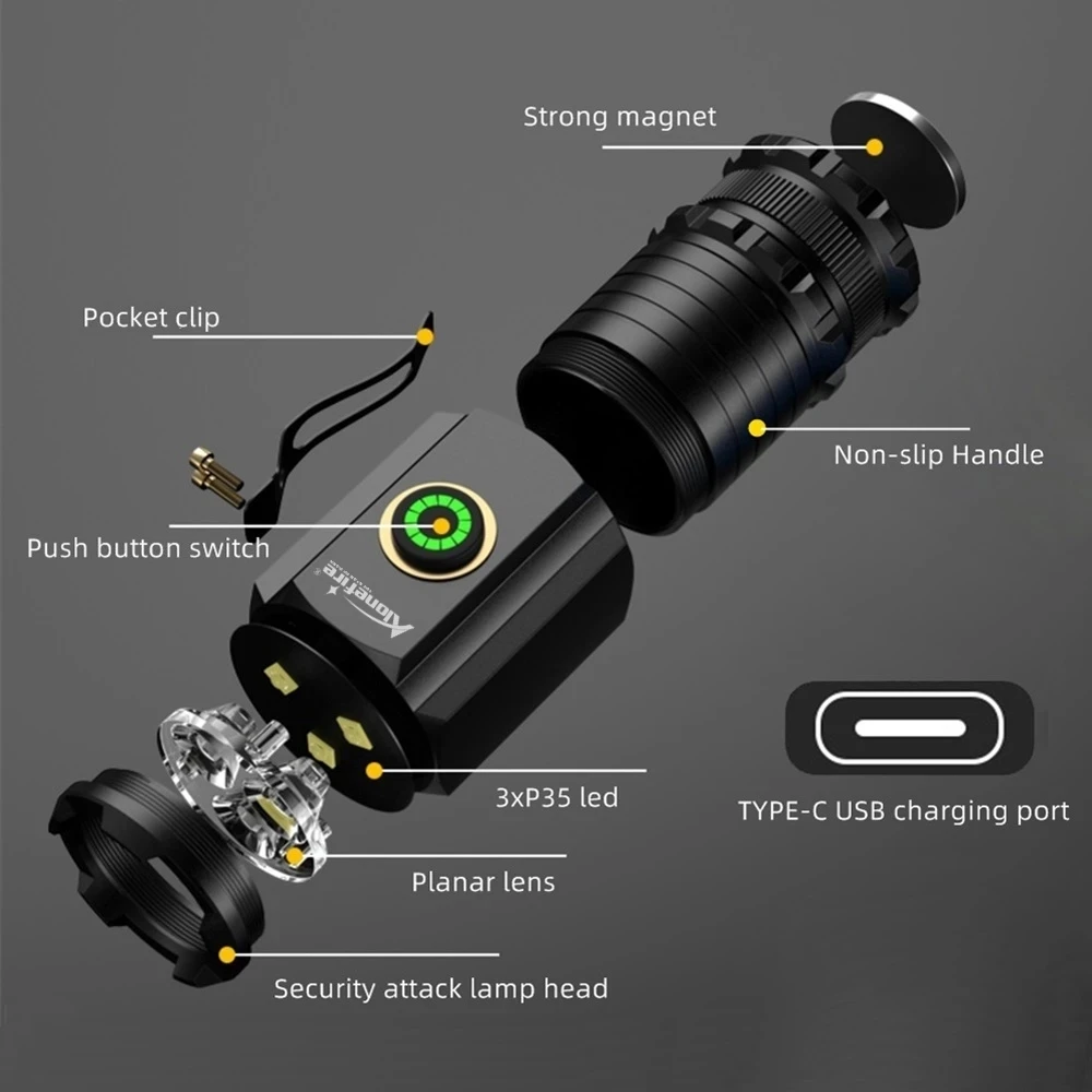 3xP35 Led High Bright Small Flashlight USB Rechargeable Portable Outdoor Hiking Camping Fishing Magnet Work Repair Light Torch