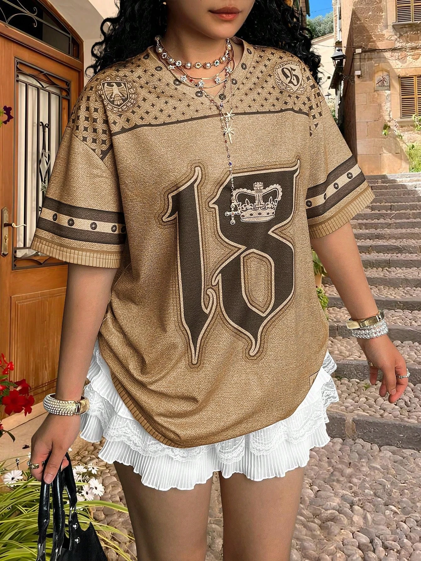 Fashion Print Woman T Shirt Girl Oversize Daily Top Female Creativity Sport Streettshirt V-Neck T-Shirt Casual Clothes Women's