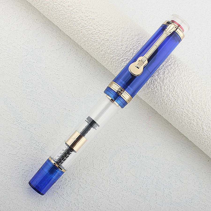 Jinhao 1935 Tiandao Series Fountain Pen #8 F/M Nib with Guitar Clip, Transparent Blue Resin Writing Pen & Large Converter