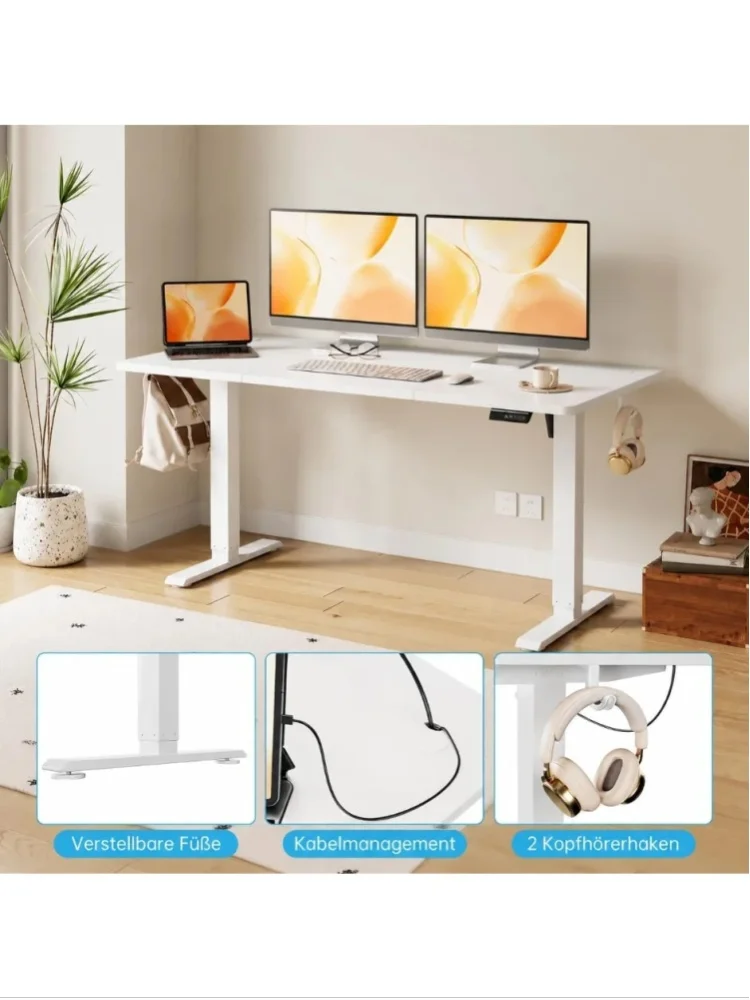 120×70cm höhenverstellbarer elektrischer Schreibtisch, 3 Speichereinstellungen, Sitz-Steh-Schreibtisch mit Seitenhaken, geeignet für Büro & Wohnzimmer