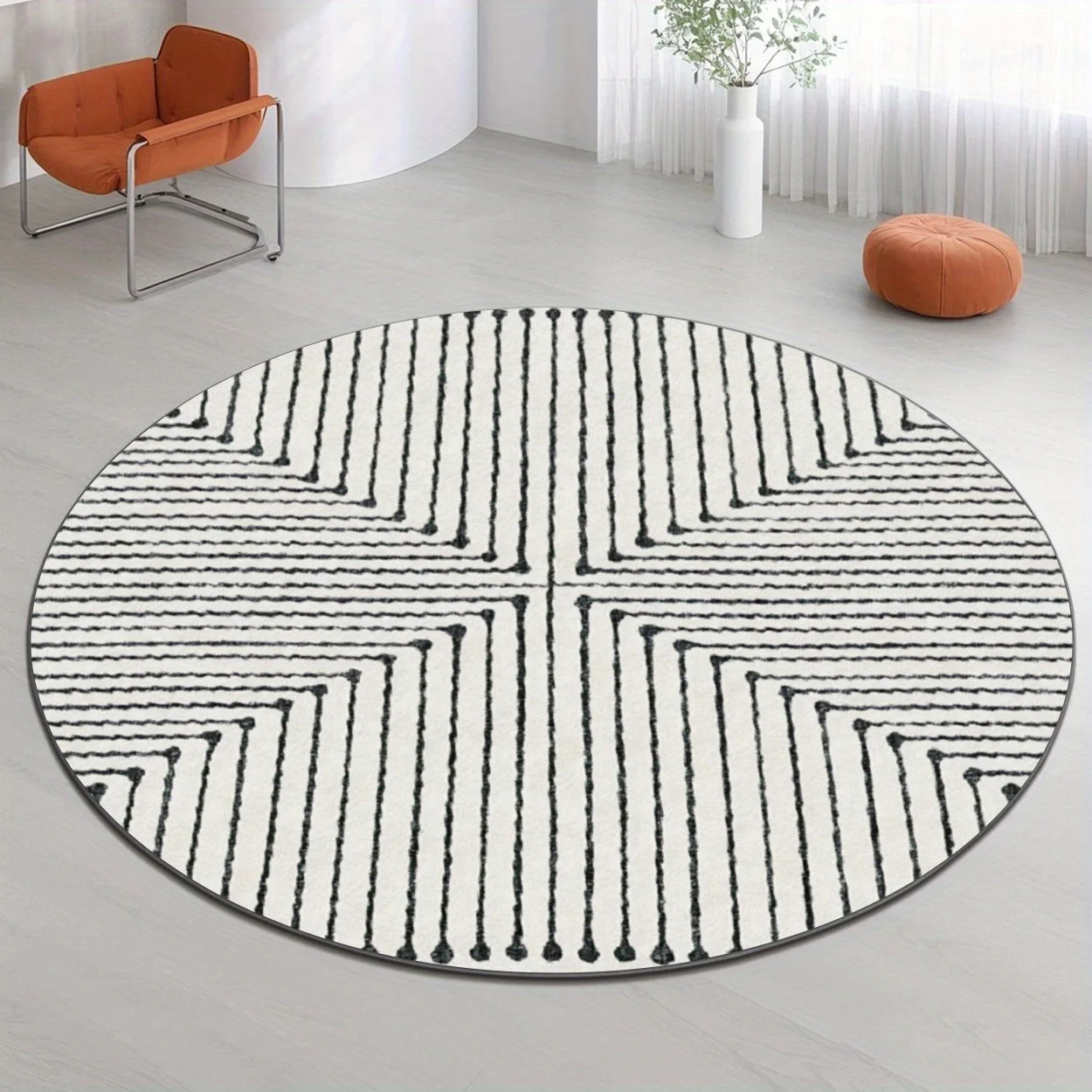 Minimalist Black Gray White Geometric Stripes Round Commercial Floor Rug Welcome Decor For Modern Office