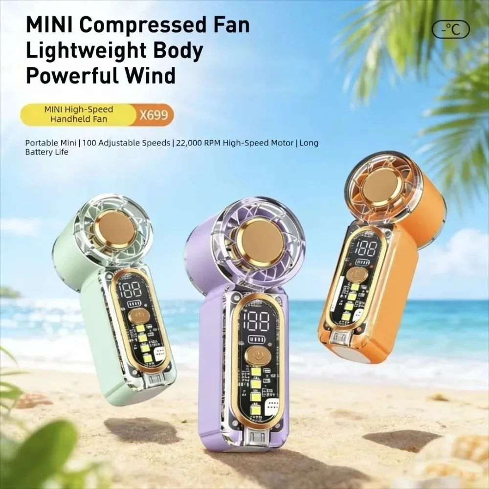 /USB Rechargeable Mini Handheld Fan Ultra-Quiet Digital Display Small Electric Fan Powerful Wind Personal Cooling Fan With Light