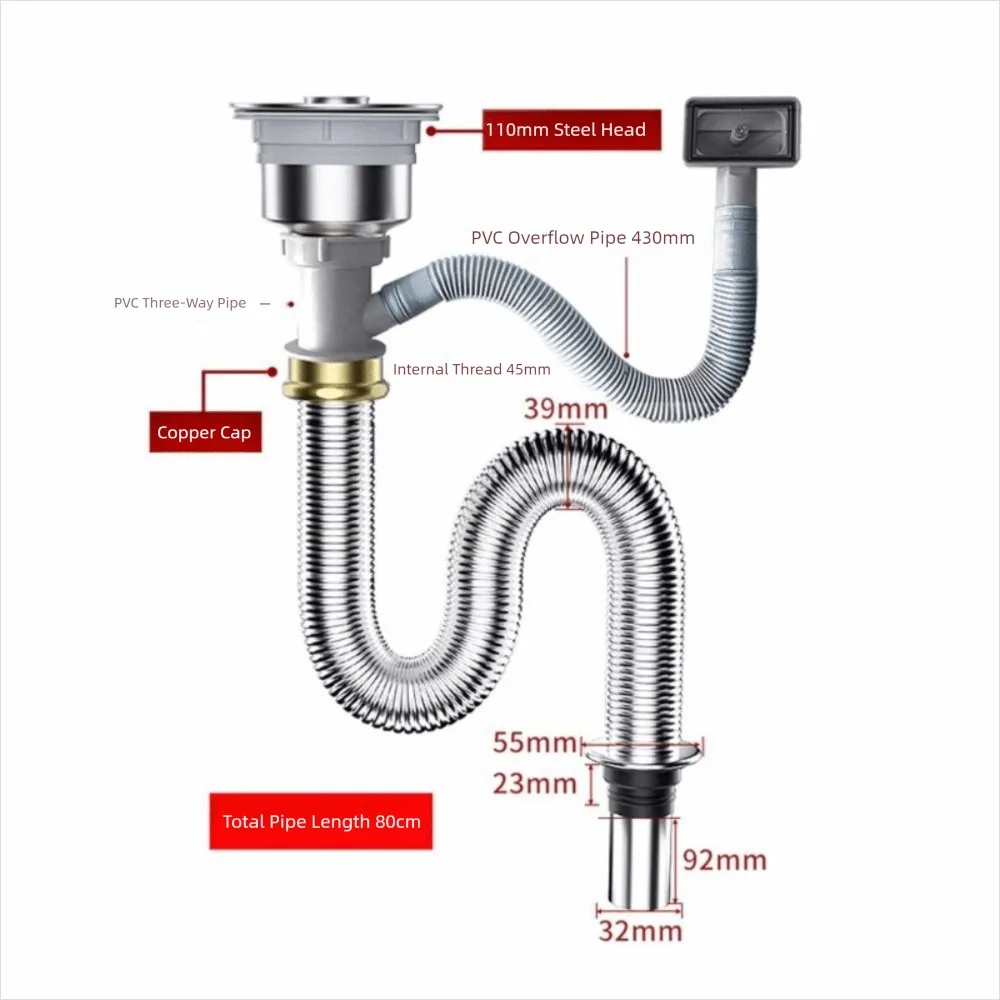 Stainless Steel Sink Drain Pipe Set Easy Install Space Saving Anti-Leak Drainage Kit Single/Double Bowl Anti Clogging Drain Hose