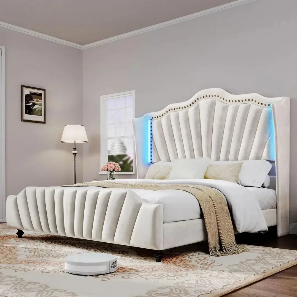 

King Size Platform Bed Frame with 60" Tall Wingback Headboard and Footboard, Velvet Upholstered Bed with LED Light,
