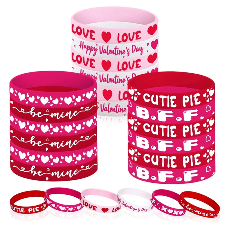 24Pcs Valentine's Day Favors Silicone Bracelets Pink Red Love Heart Wrist Bands For Kids Adults Gift(6 Designs)