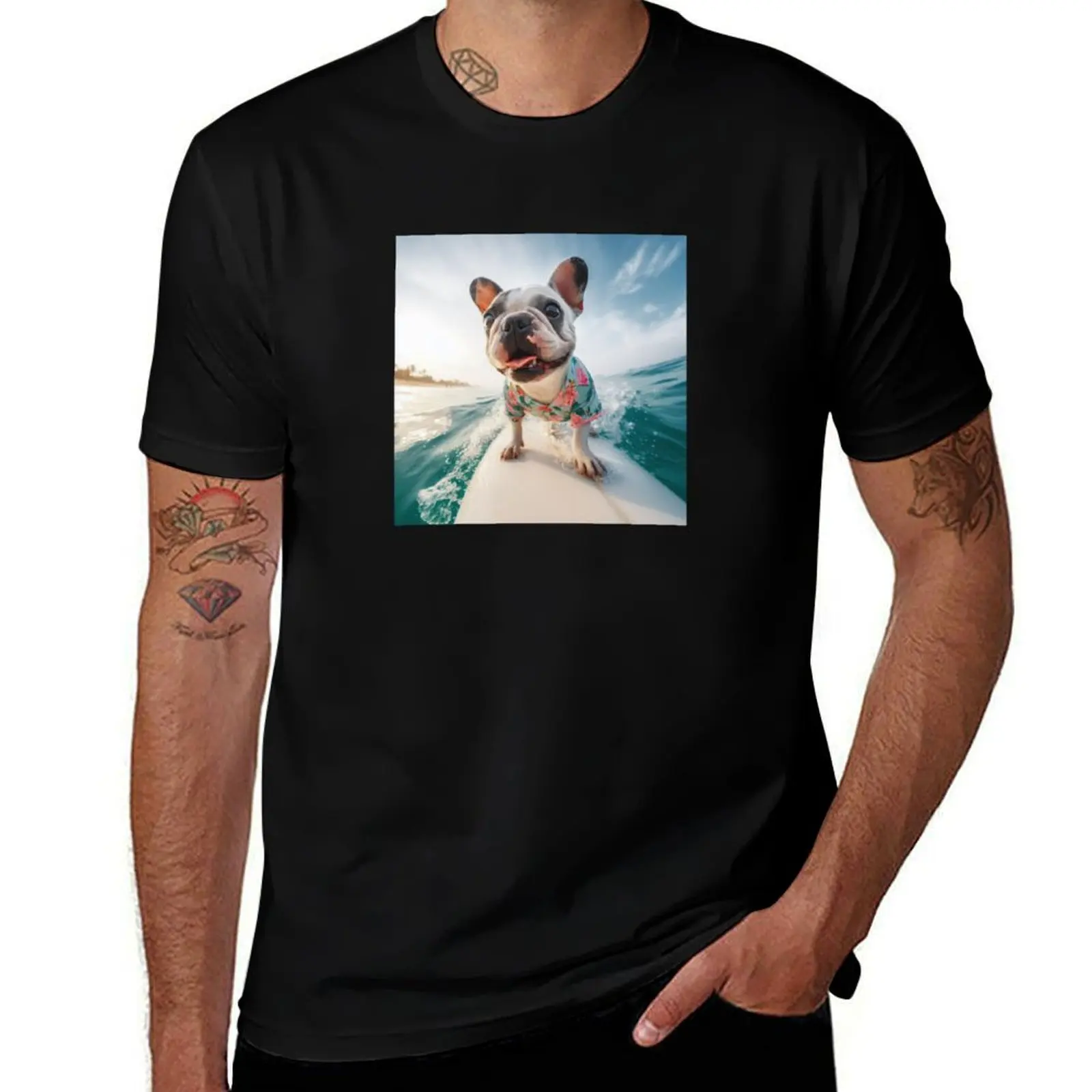

White French bull dog wearing tropical shirt over surfing board T-Shirt cute tops summer shirt kawaii clothes clothes for men