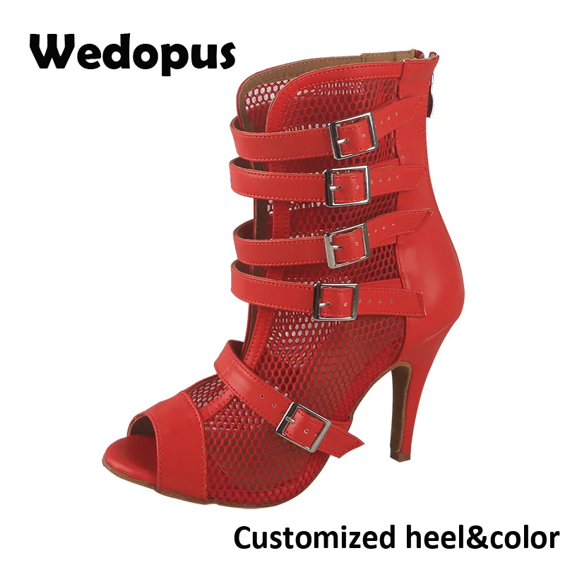 Wedopus Customized Heel Red Leatherette Dance Boots Jazz Salsa Dancing Heel Boots with Zipper 8.5CM