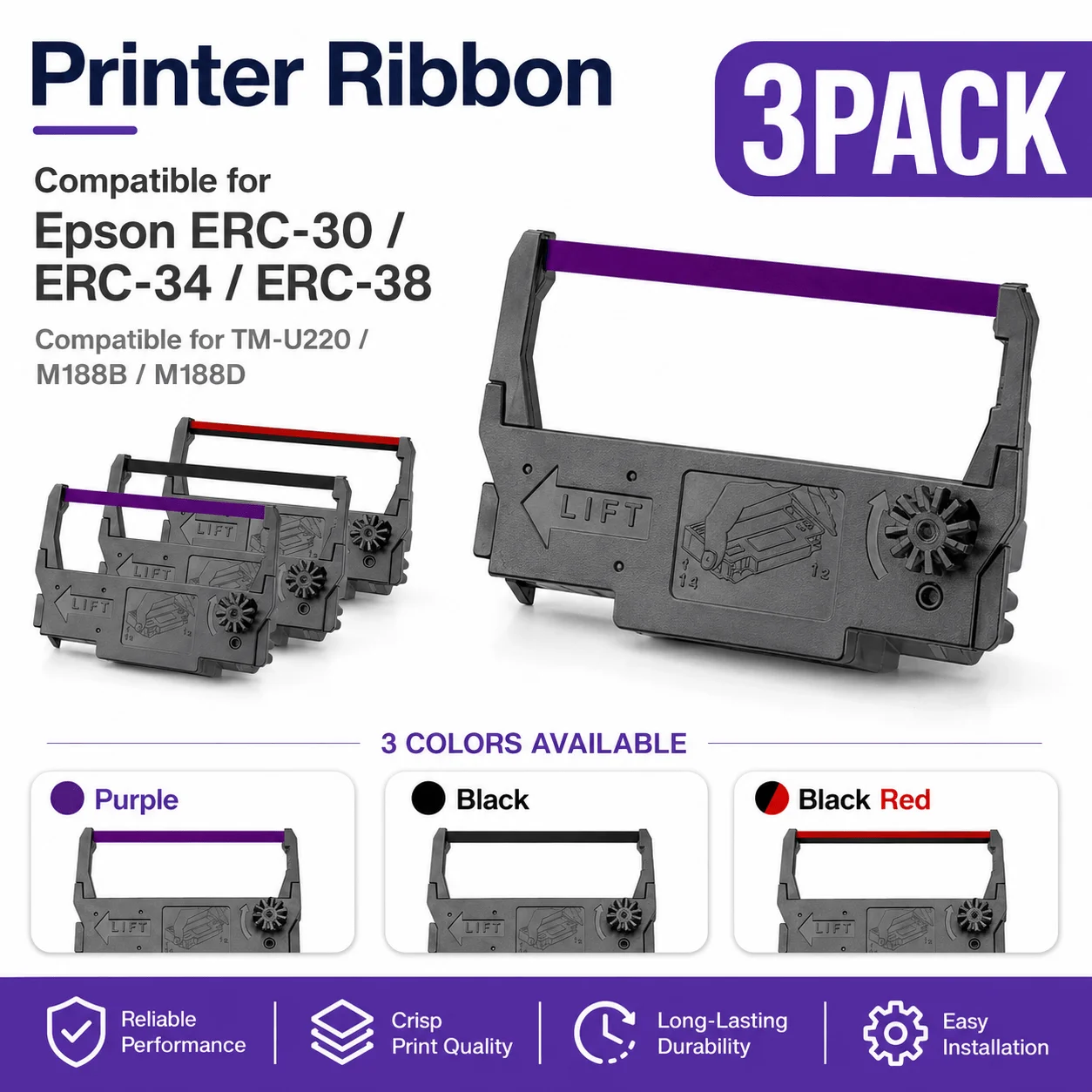 3 Pack ERC-30/34/38 Ribbon, 12.7mm 5M Black Red/Purple/Black Compatible for E-pson TM-U220 U200 U300 M119 M188B M270 NK506 POS