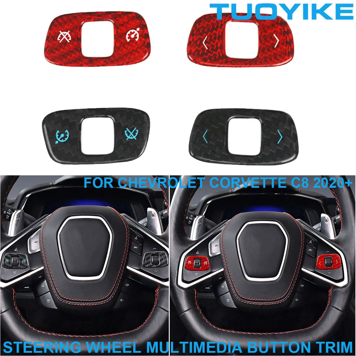 

2PCS Car Real Dry Carbon Fiber Steeing Wheel Multi-media Left Right Button Frame Cover Trim For Chevrolet Corvette C8 2020-2022