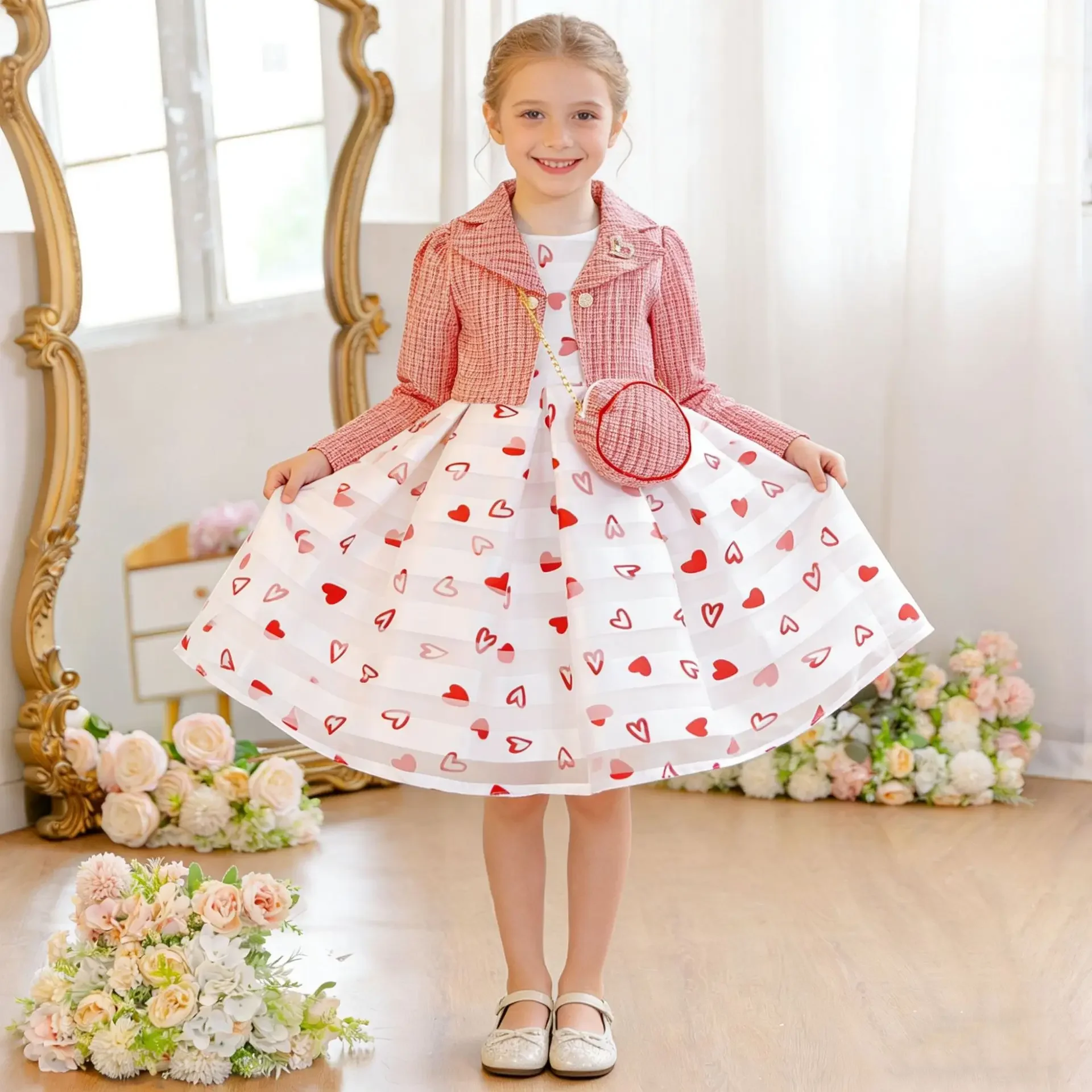 Kids' Dresses with Bag Heart Printed Long Sleeve Birthday Gown For Child Girls Party Frocks 4-10 Years