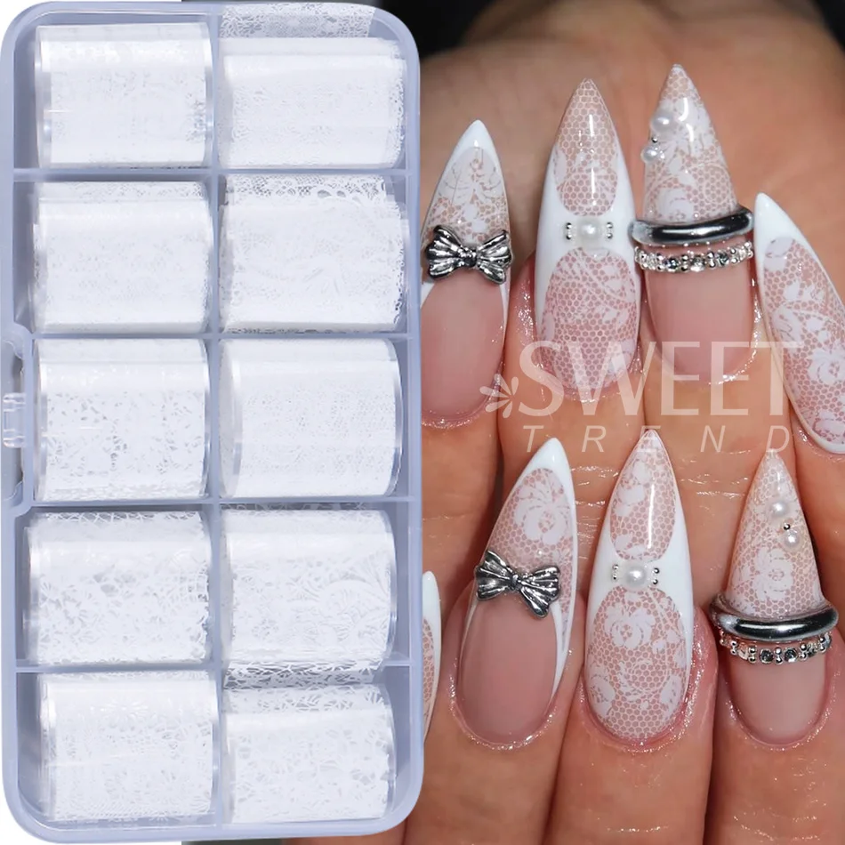 10 Rolls/Box Sexy Black White Lace Nail Foils White&Black Lace Flower Nail Transfer Paper For Wedding Bride DIY Elegant Manicure
