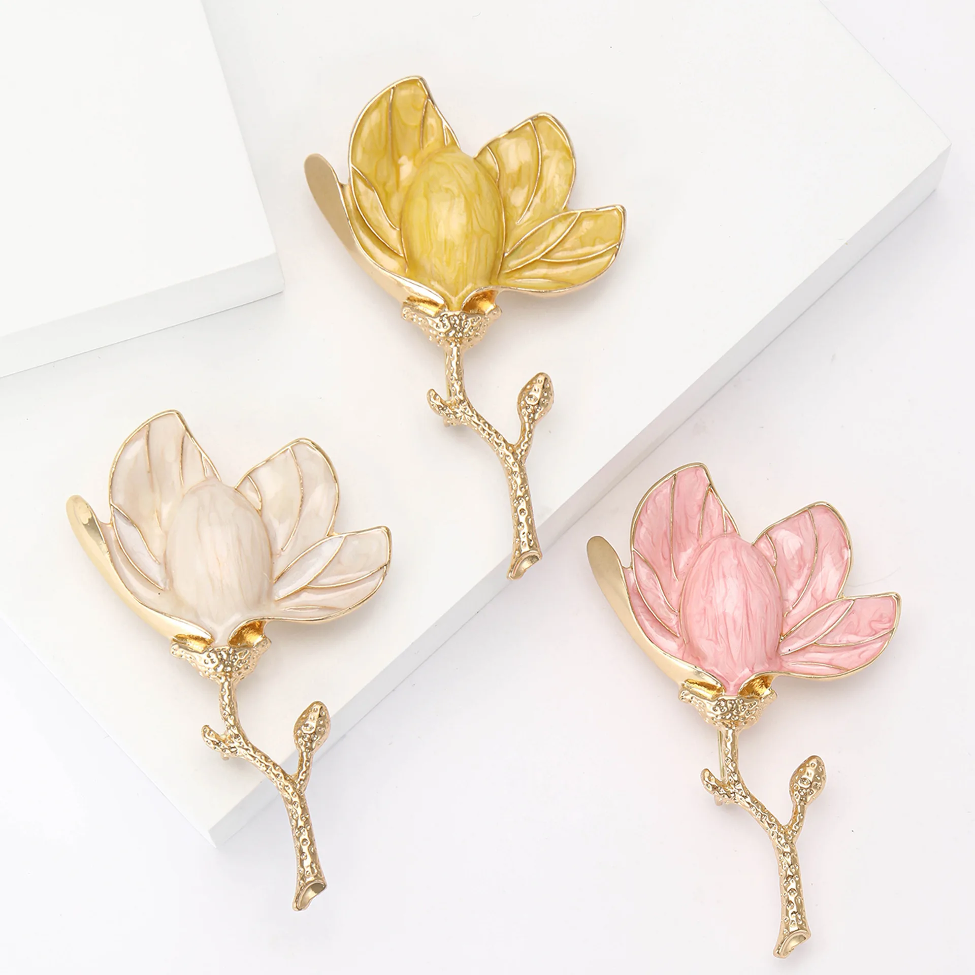 Magnolia Flower Brooches For Women Unisex 3-color Enamel Beautiful Flower Party Office Clothing Suit Coat Accessories Pins Gifts