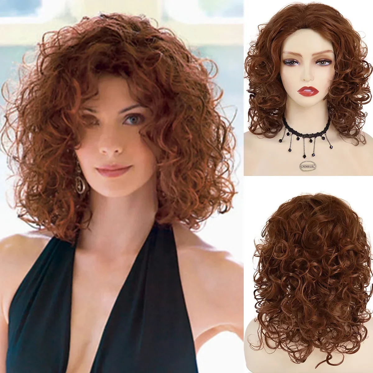 GNIMEGIL Synthetic Hair Natural Wigs for Women Medium Length Red Brown Curly Wig for Mother Fluffy Soft Short Wig with Bangs