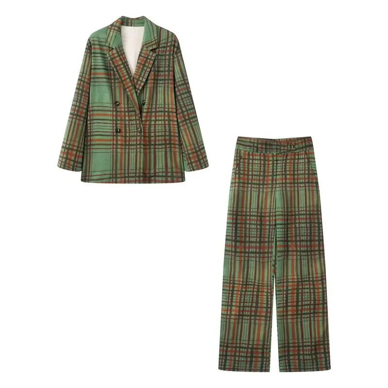 

Women's Casual Green Striped Blazer Suit Set - Spring Summer Two Piece Outfit, Comfortable Wide Leg Pants for Travel