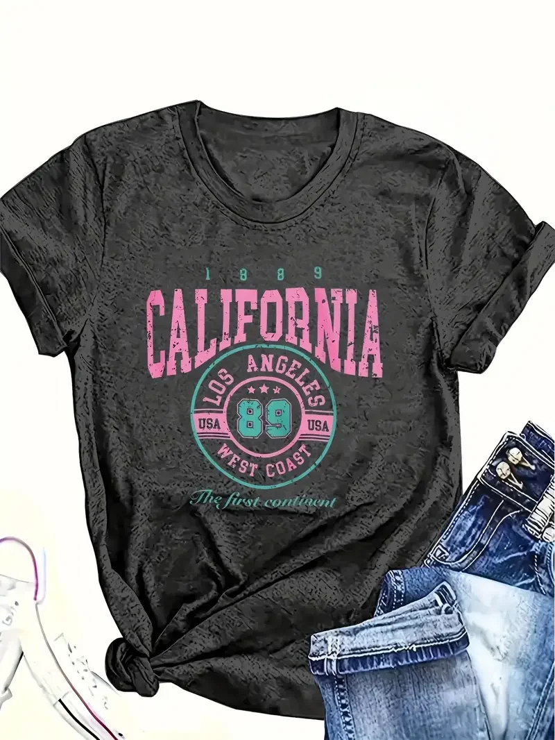 Camiseta de manga corta para mujer talla grande, estampado retro California Los Angeles, moderna y vintage