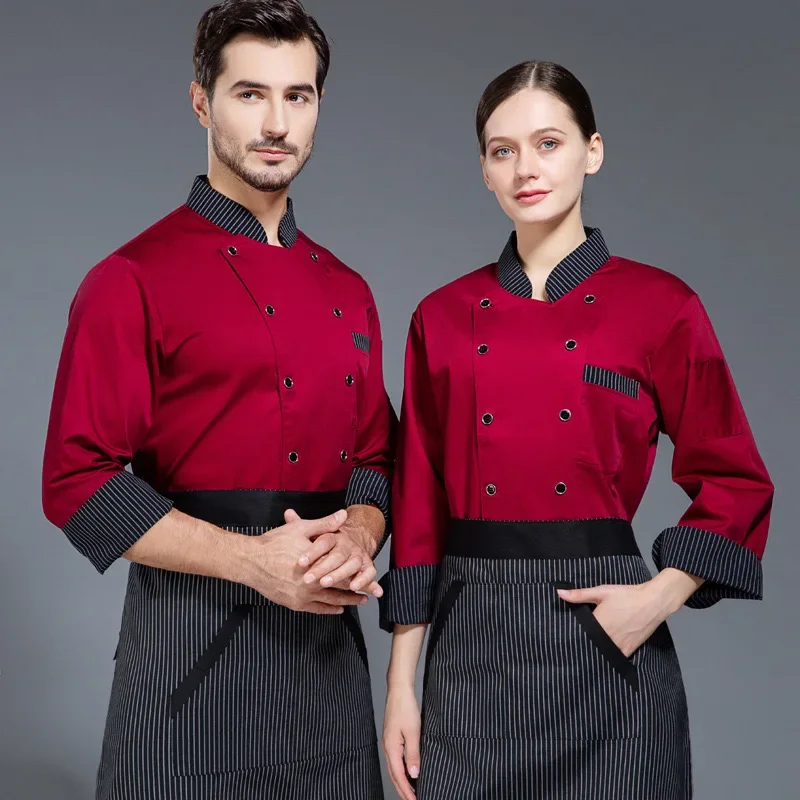 Chef Jacket and Hat Apron Men Women Short Sleeve Restaurant Waiter Uniform Kitchen Cook Shirts Pastry Clothes Red