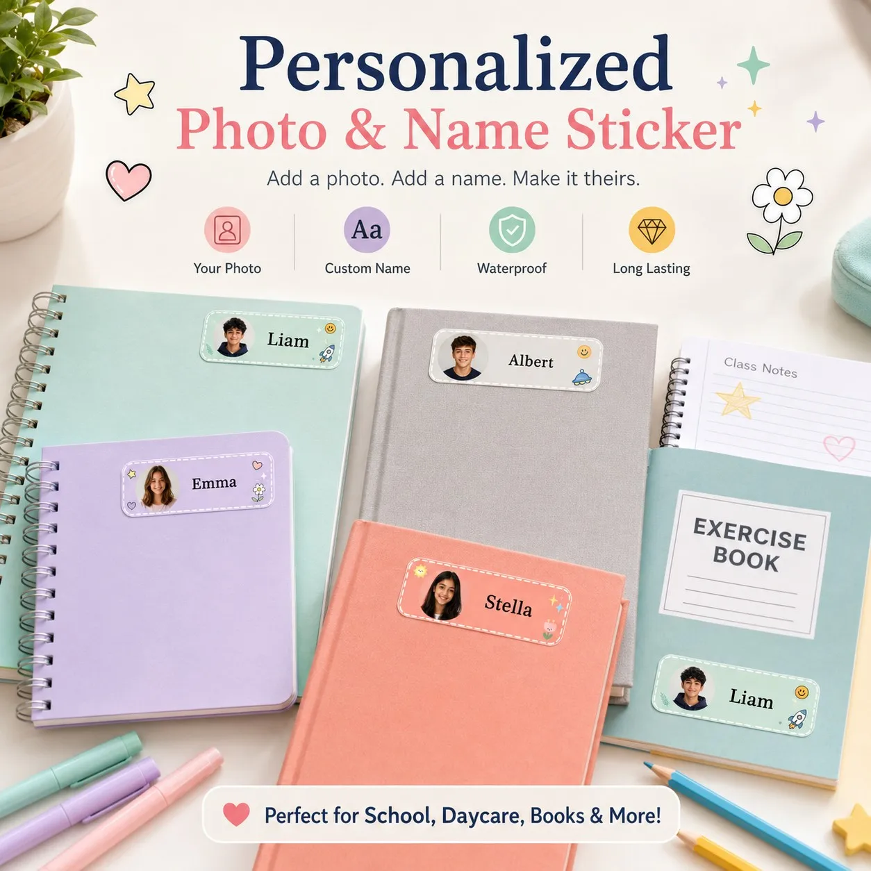 Customized Photo Name Class Stickers, Personalized Student Labels, Suitable for Books, Notebooks, Pencil Cases, Water Bottles, Lunch Boxes, and School Supplies