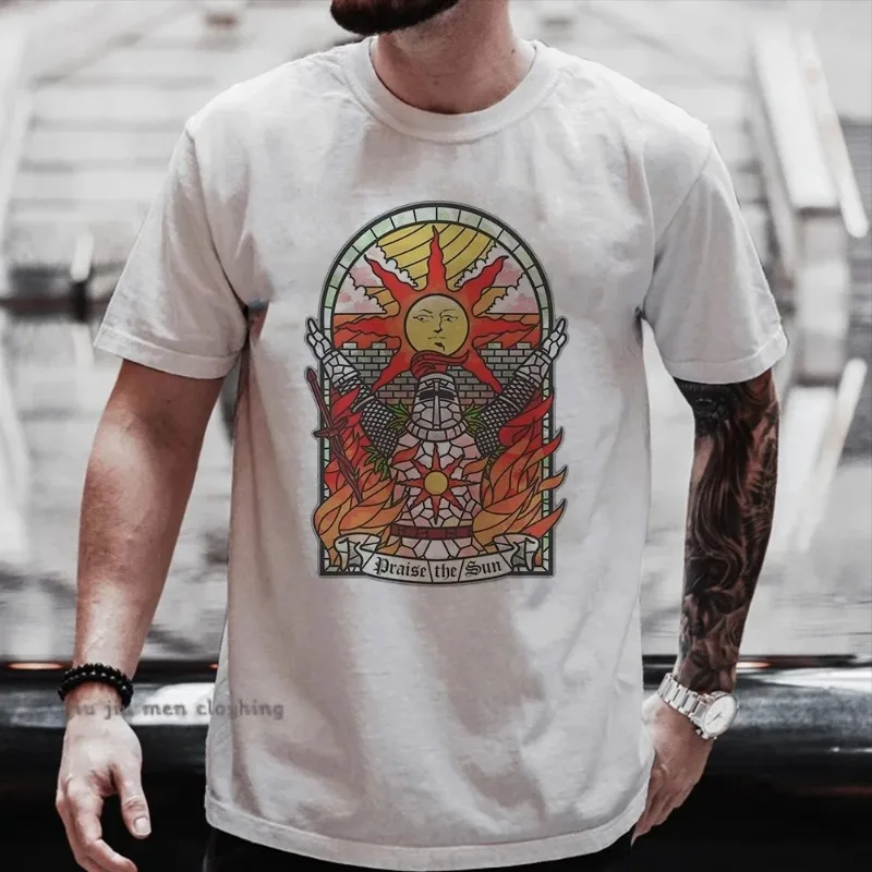 Men Dark Souls Church of The Sun Printed Men\'s T-shirt Praise Sun Pattern T-shirt Cotton Summer New Fashion Large T-shirt