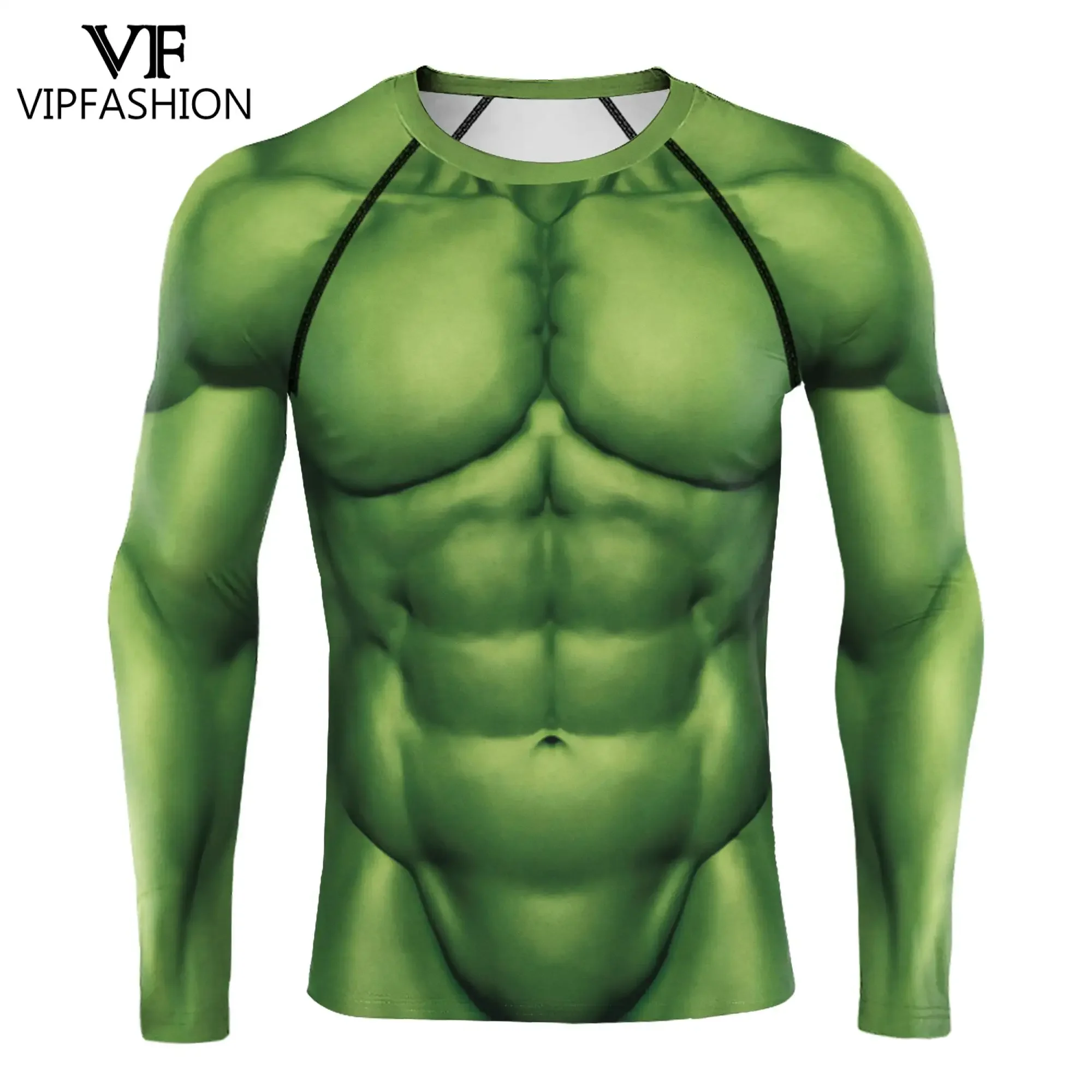 VIP FASHION Green Muscle T-shirt Man Superhero Compression Shirt Top Tee Male Long Sleeve Gym Clothing Cosplay Party Wear