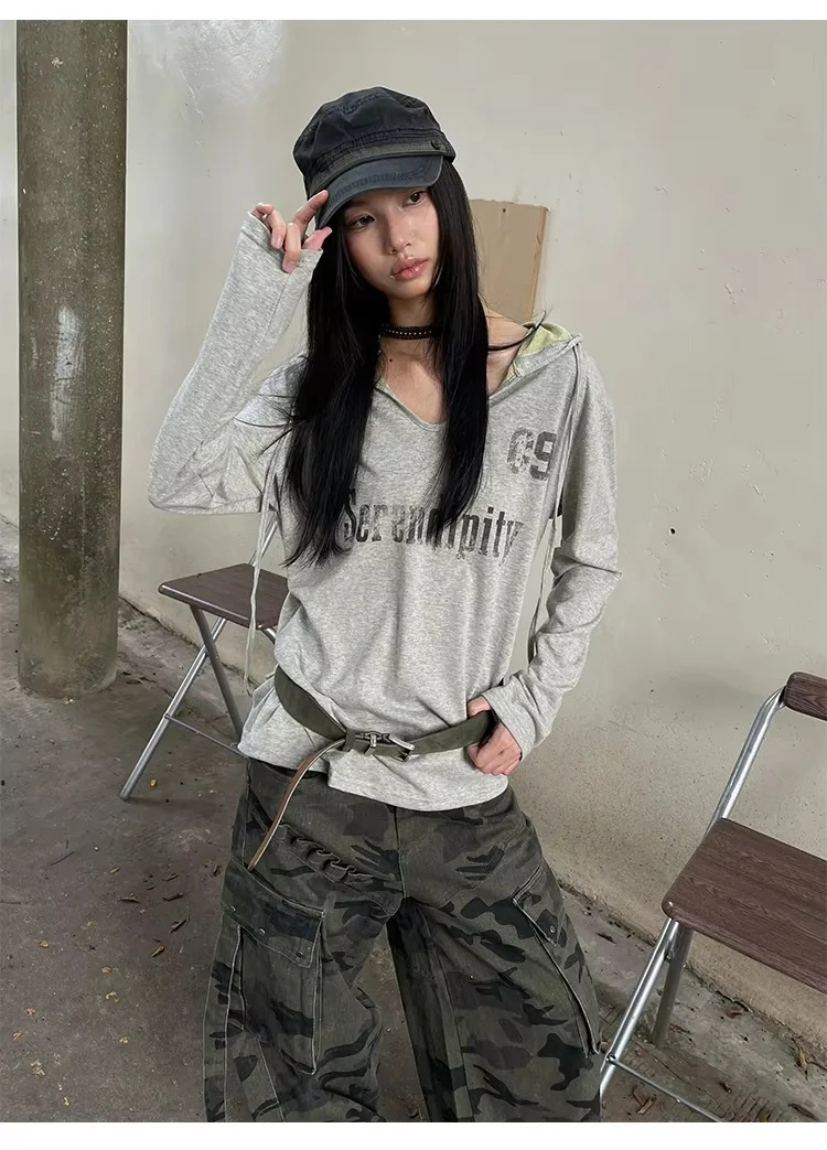 Women Y2K Vintage Hooded Long Sleeve T‑Shirt V Neck Letter Star Print Loose Drawstring Hoodie Streetwear Tees Tops