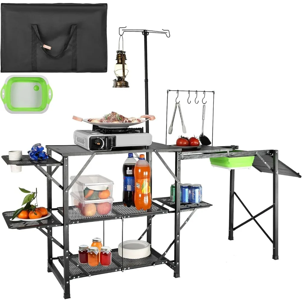 

Camping Kitchen Table with Sink, Aluminum Folding Portable Outdoor Cook Station, 2 Shelves & Carrying Bag