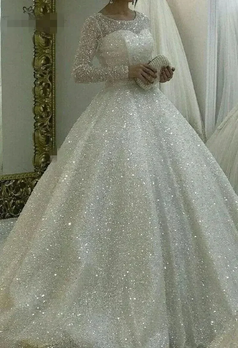 Abito da sposa personalizzato a maniche lunghe taglie forti Abiti da sposa Abiti da sposa africani gonfi con paillettes completamente Shinny