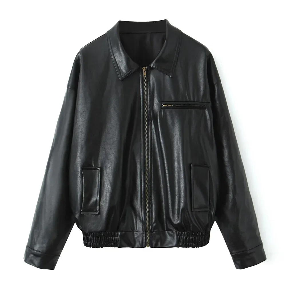 Pop 2024 Autumn New Product Women's Fashion Leisure Versatile Flip Collar Long Zipper Leather Coat