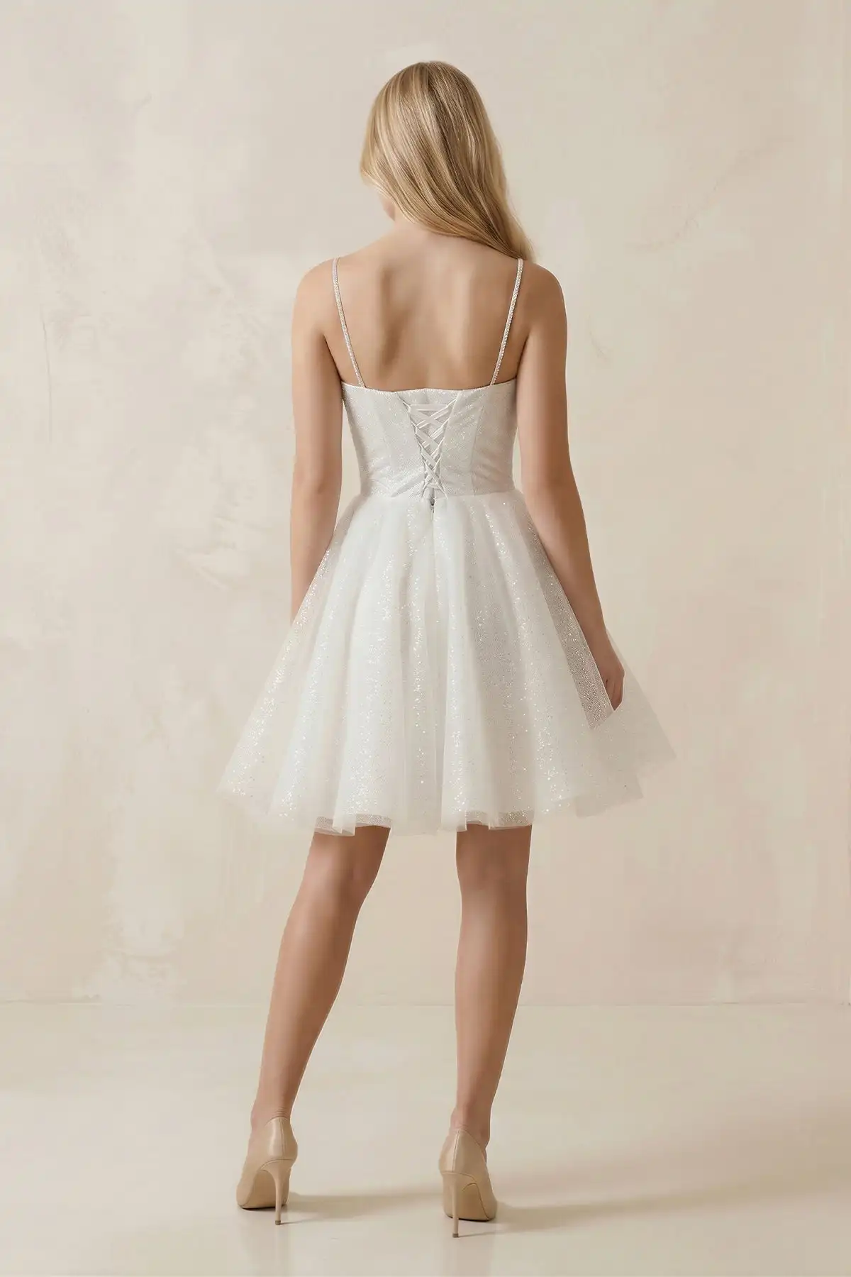 Sparkle Tulle Women's Wedding Party Dresses Spaghetti Straps A-Line Mini Wedding Dress in White Ivory Short Prom Homecoming Gown