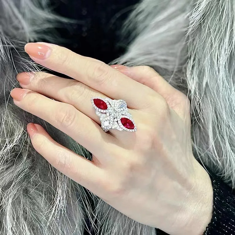 

Luxurious rhombus ruby rings for women silver 925 full diamonds double headed red gem engagement ring exquisite fine jewelry