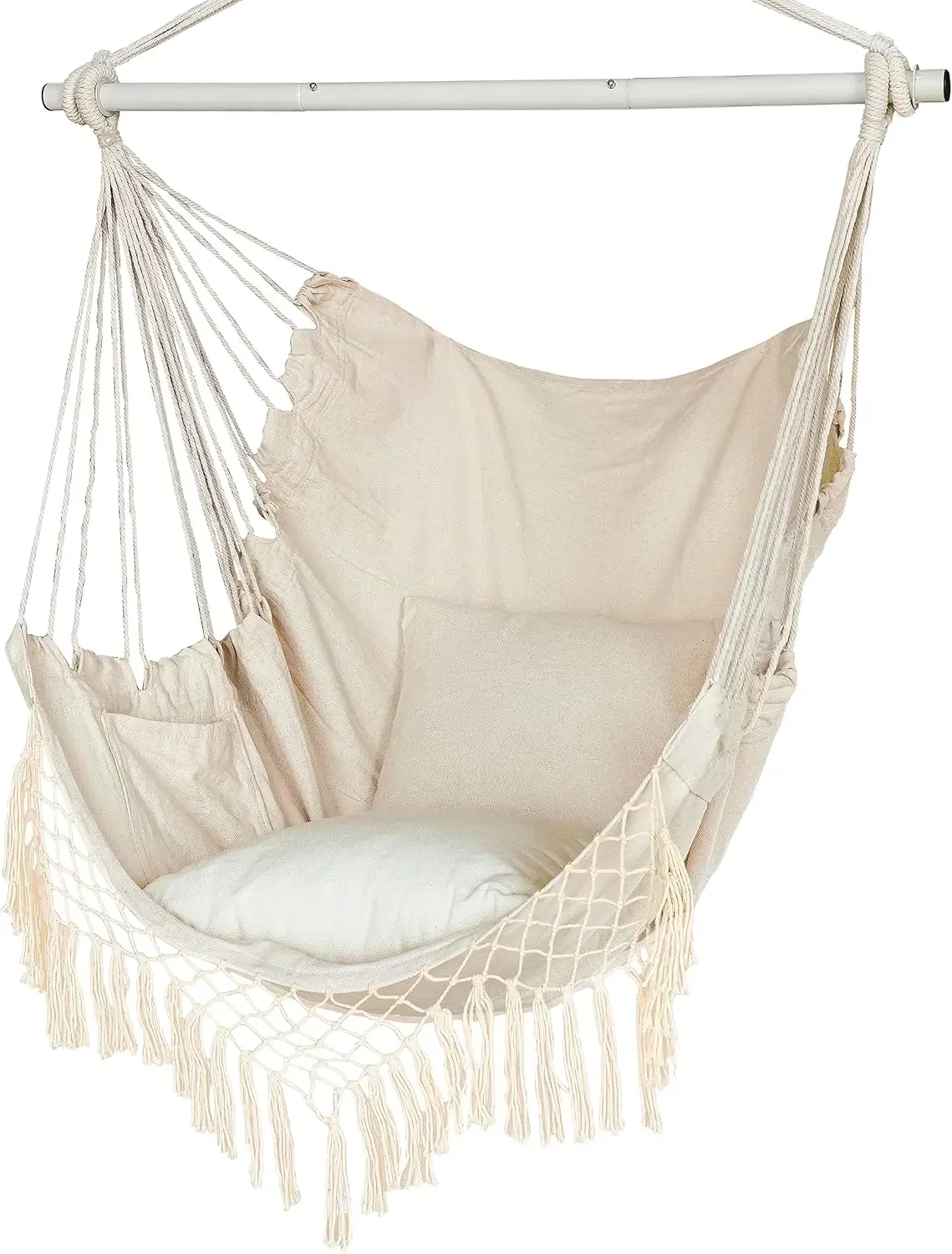 

Hammock Chair with 2 Cushions, Macrame Hanging Seat, High Load-Bearing Metal Rod for Indoor Outdoor Comfort