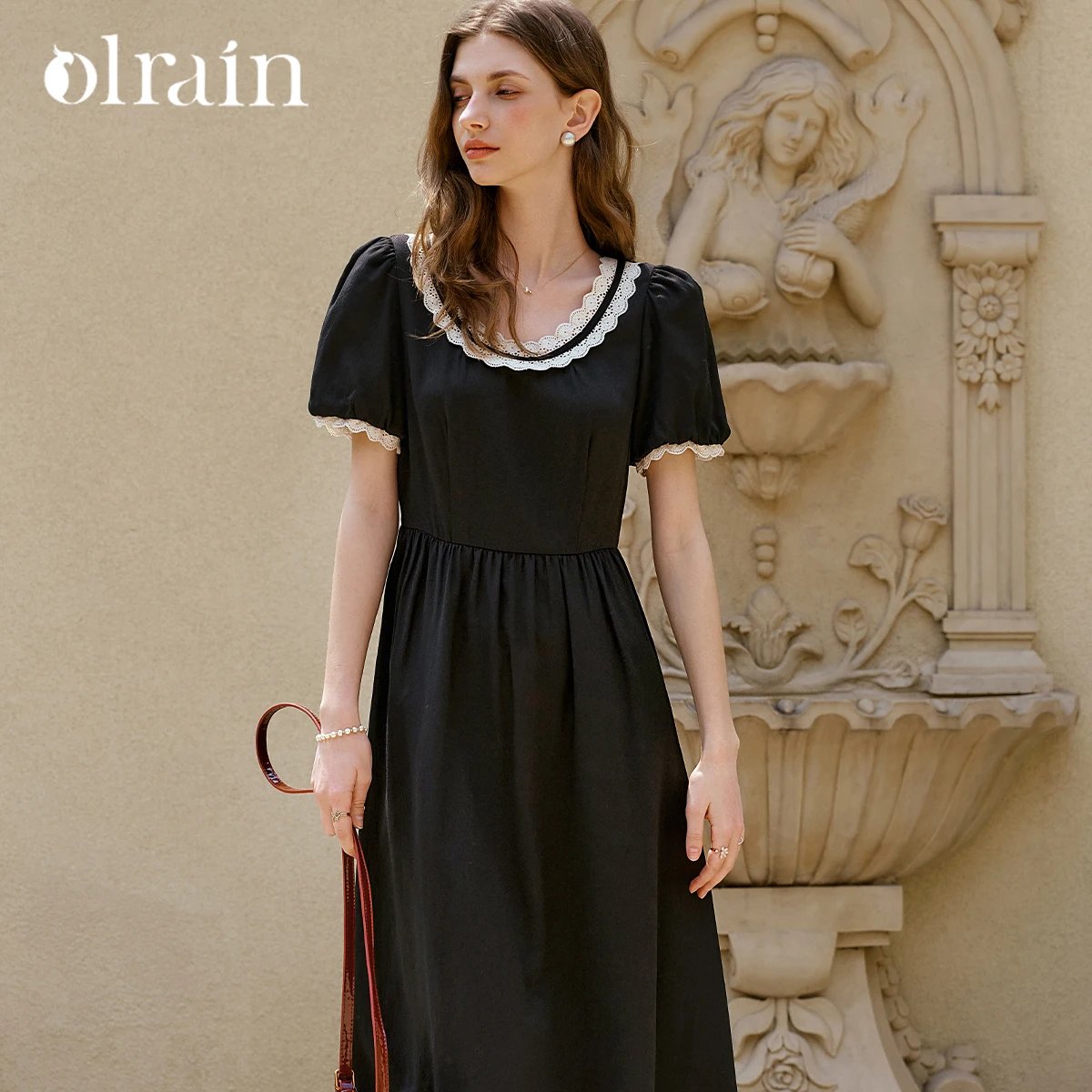 

OLrain Elegant Summer Black Dresses Woman 2025 Lace U-Neck Tied Waist A Line Midi Dress Ladies Female Clothing O57XL98865