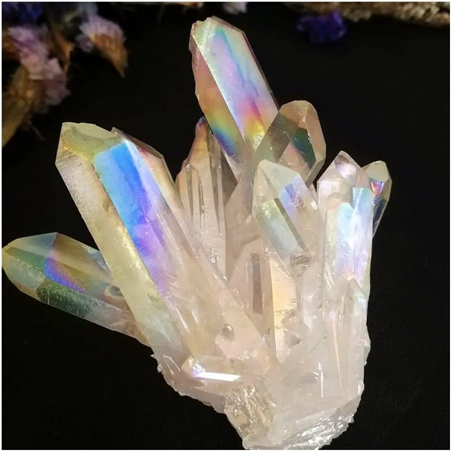1pc crystal rough Natural White Angel Aura Crystal Cluster Electroplating Titanium Coating Quartz Cluster Stone