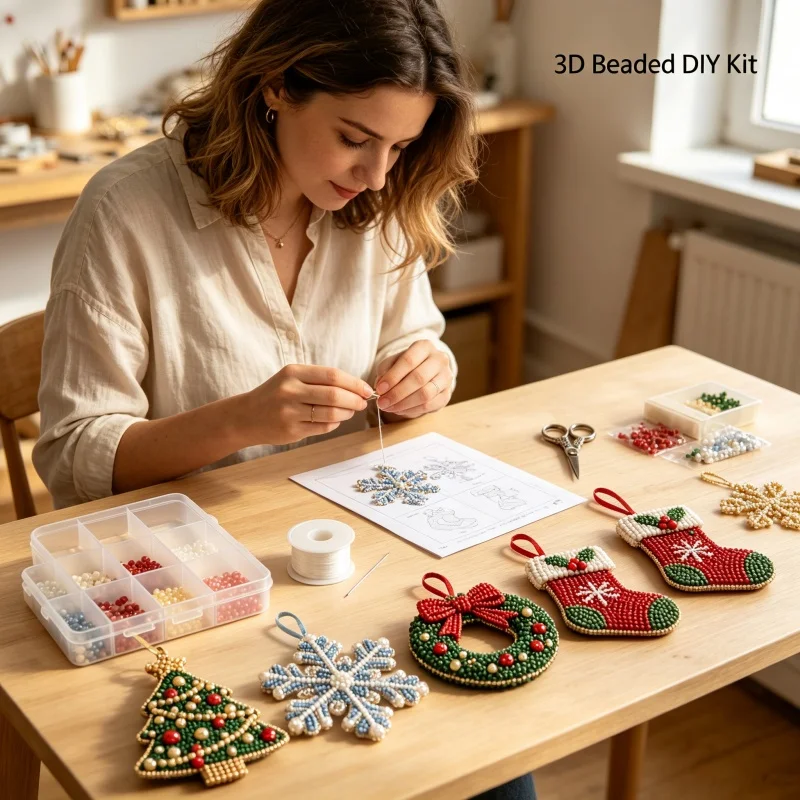 Cute 3D Beaded Christmas Ornament DIY 4Pcs Handmade Puppy Bead Craft Set for Kids Adults Christmas Gift Festival Home Decor Toy