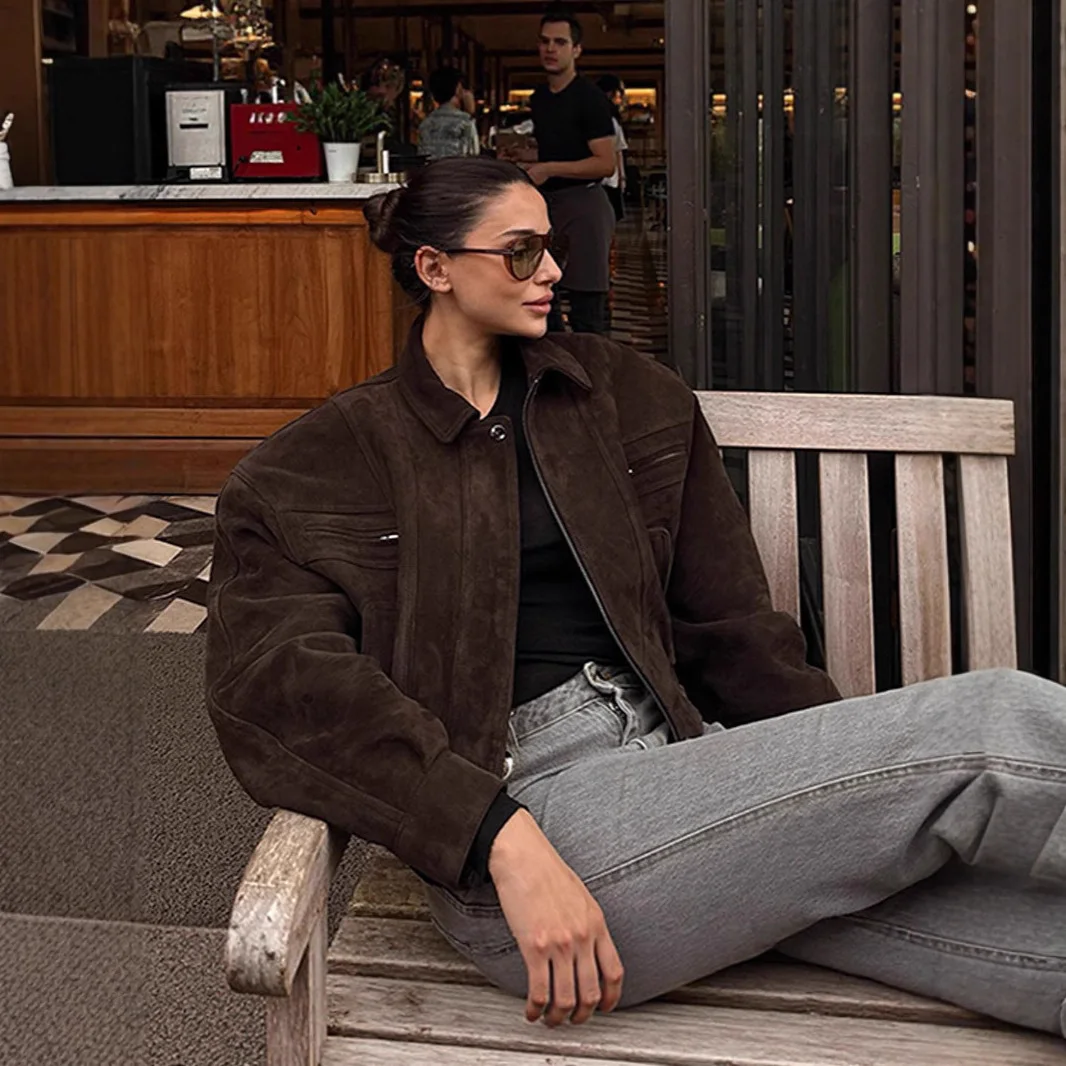 Retro Brown Suede Lapel Zippered Short Jackets Women's Casual Full Sleeves Pocket Loose Coats 2026 Spring Daily Commute Outwear